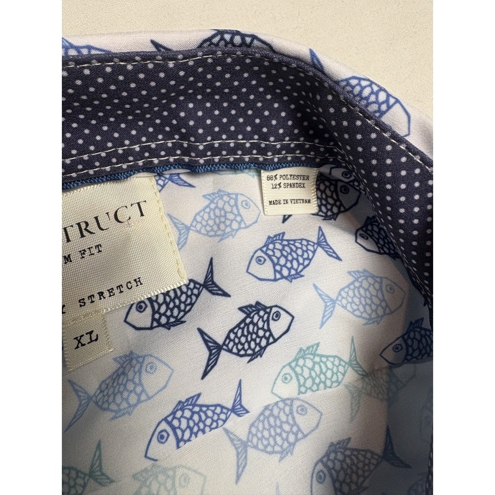 Construct Slim Fit 4 Way Stretch Mens XL NWT. White Fish Print Button Down SS - Picture 6 of 8